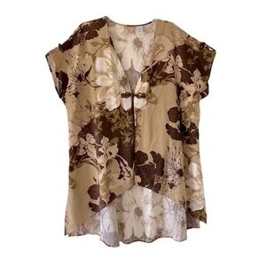 Soft Focus | Brown Boho Floral Linen Blend Short Sleeve Duster Cardigan, 1X